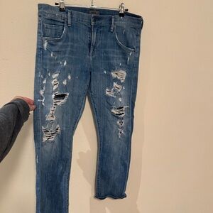 Agolde Distressed Light Blue Slim Straight Jeans